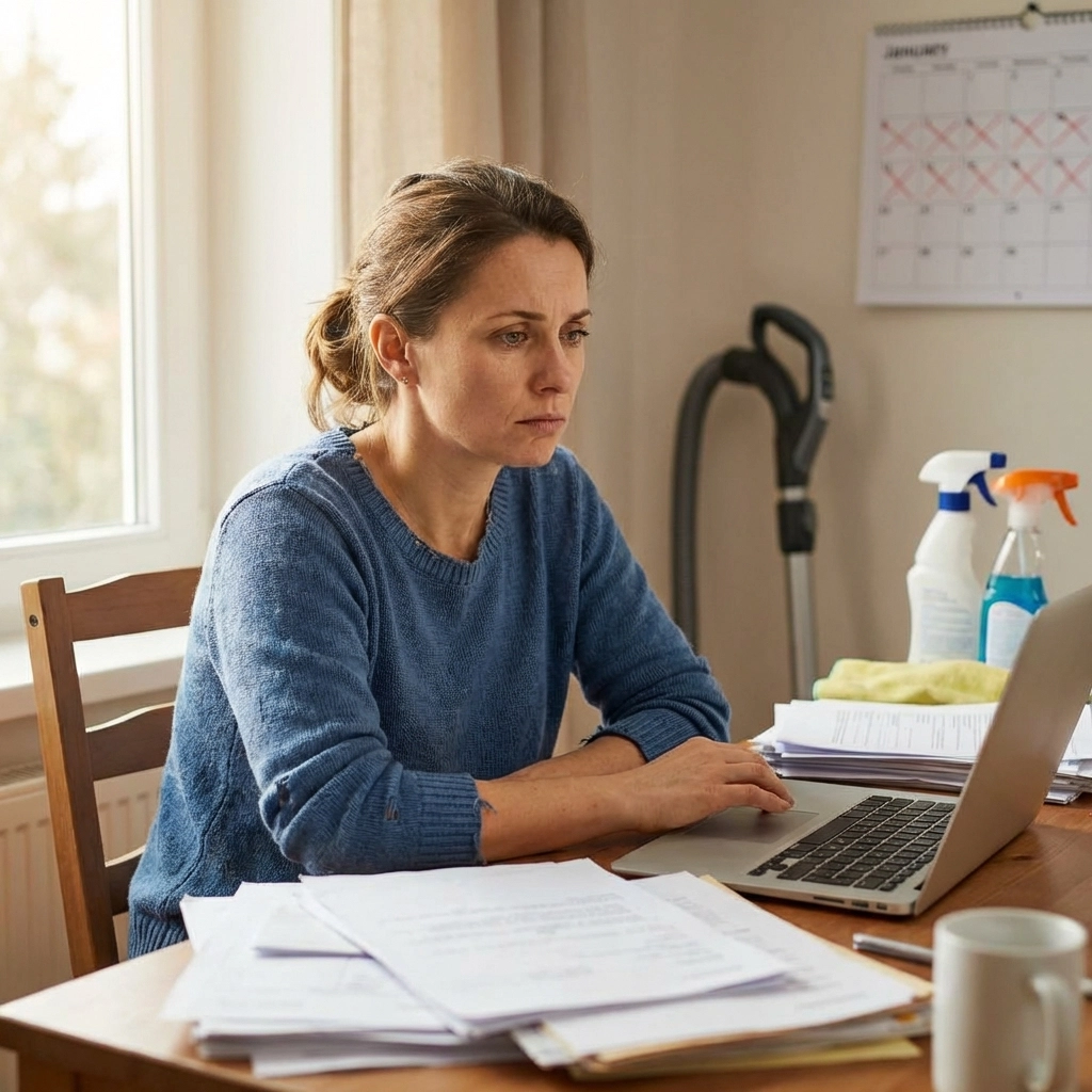 A cleaning business owner reviews invoices at a home office, showing the challenges of managing a cleaning company alone.