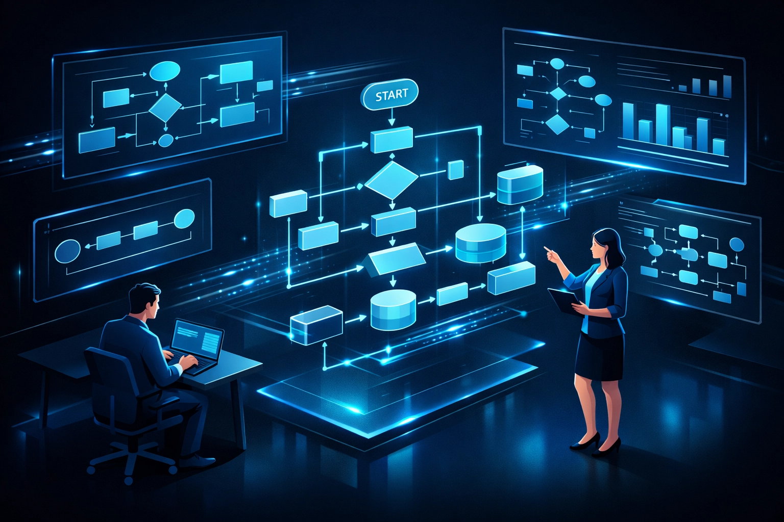 Process mapping flowchart showing workflow stages and decision points for automation consulting