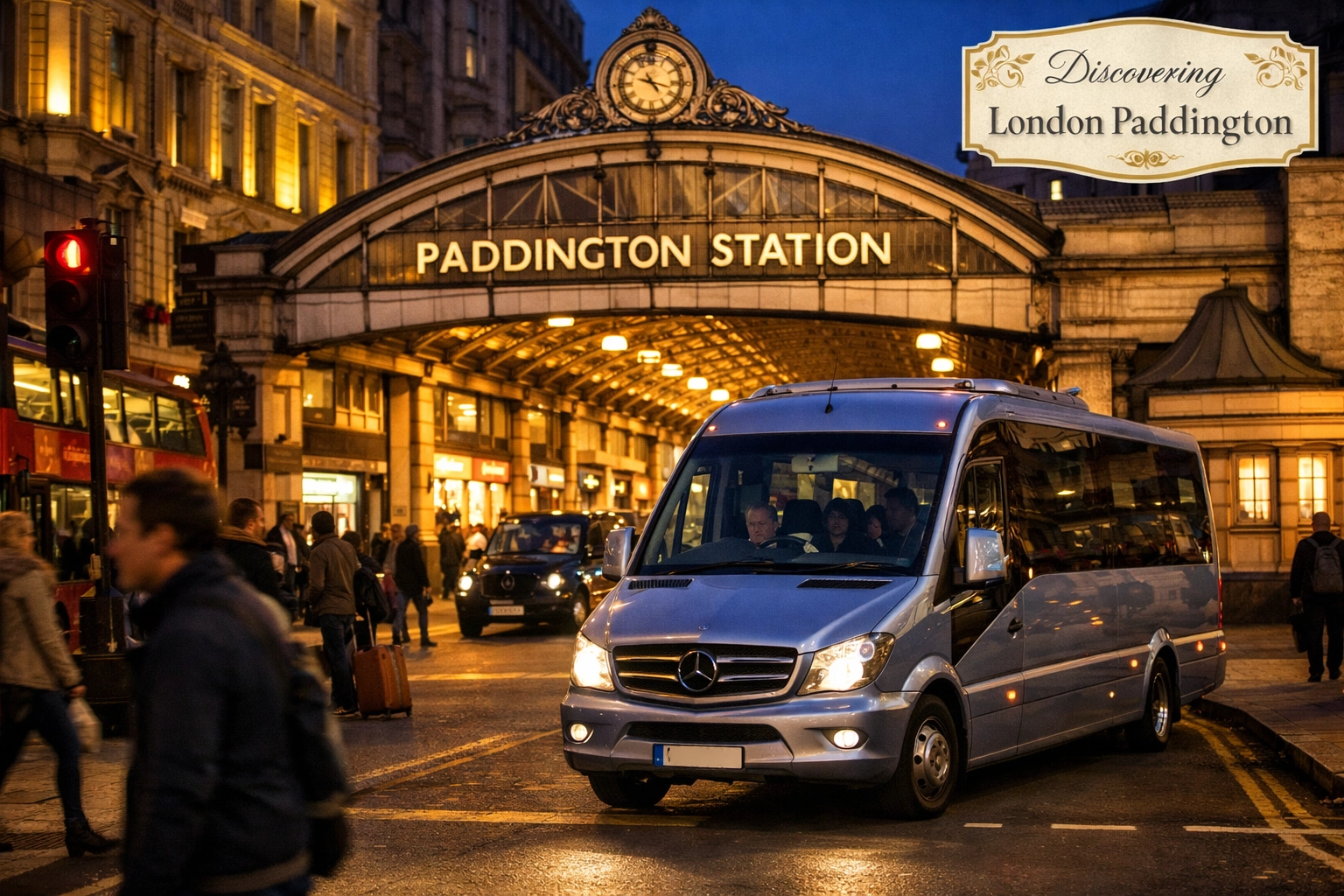 Shakespeare Coaches Mercedes mini-coach arriving at London Paddington Station after a scenic Cotswold transfer.