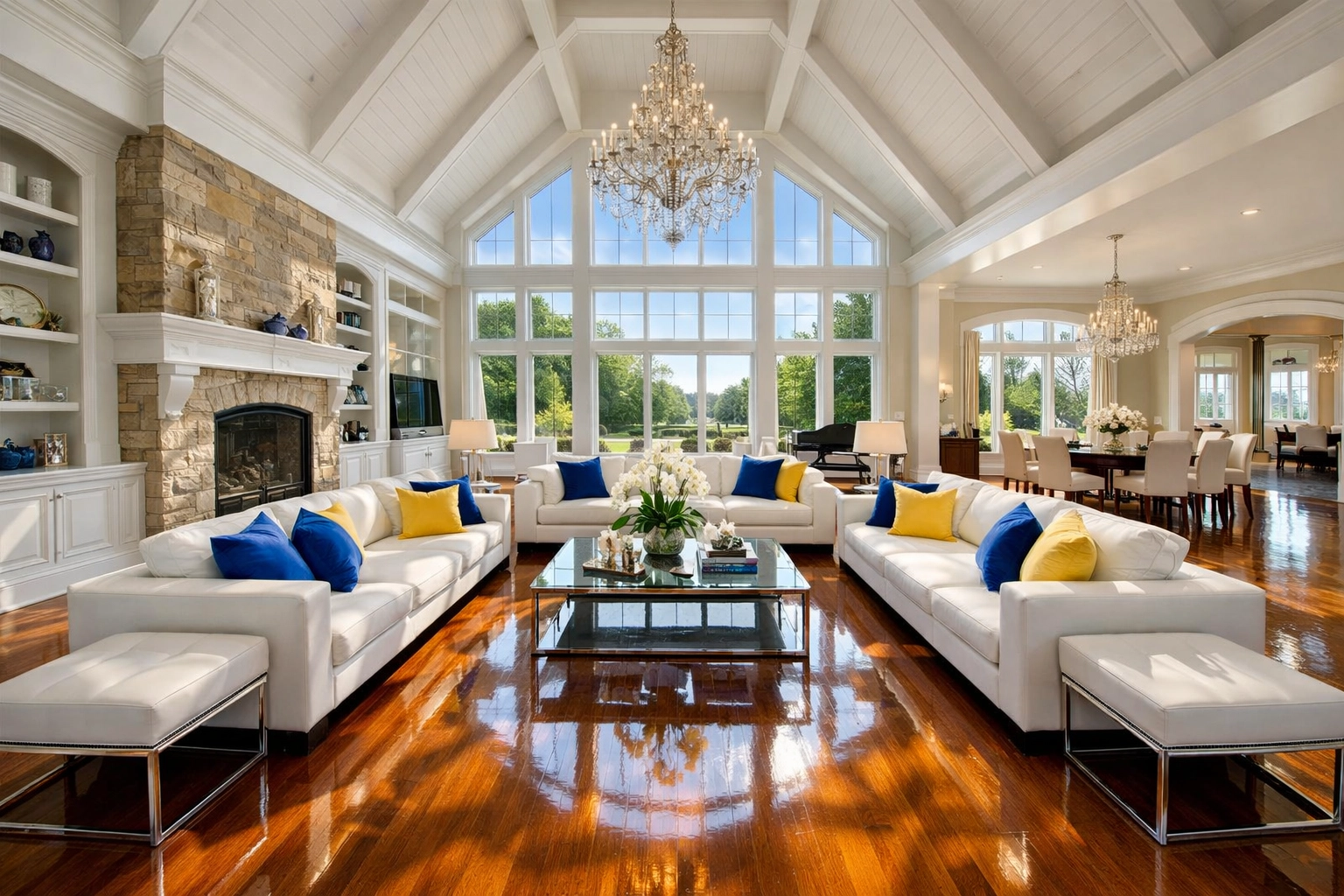 Immaculate luxury living room in a Dover estate after professional residential cleaning Massachusetts.