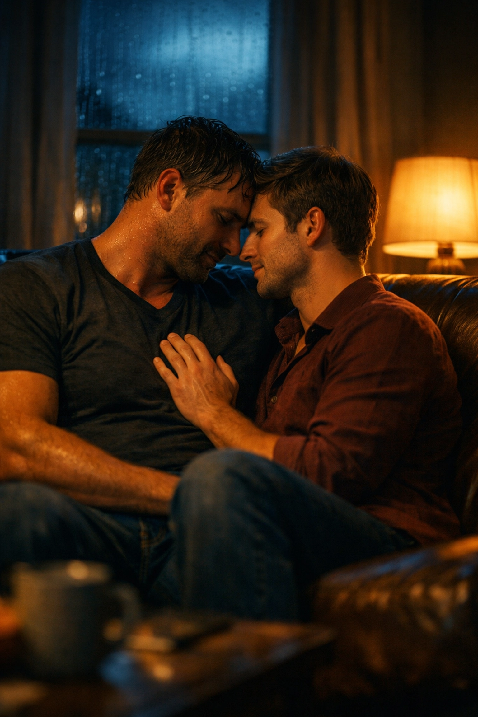 Two men sharing an intimate, quiet moment on a sofa during a rainy night in an MM contemporary novel.
