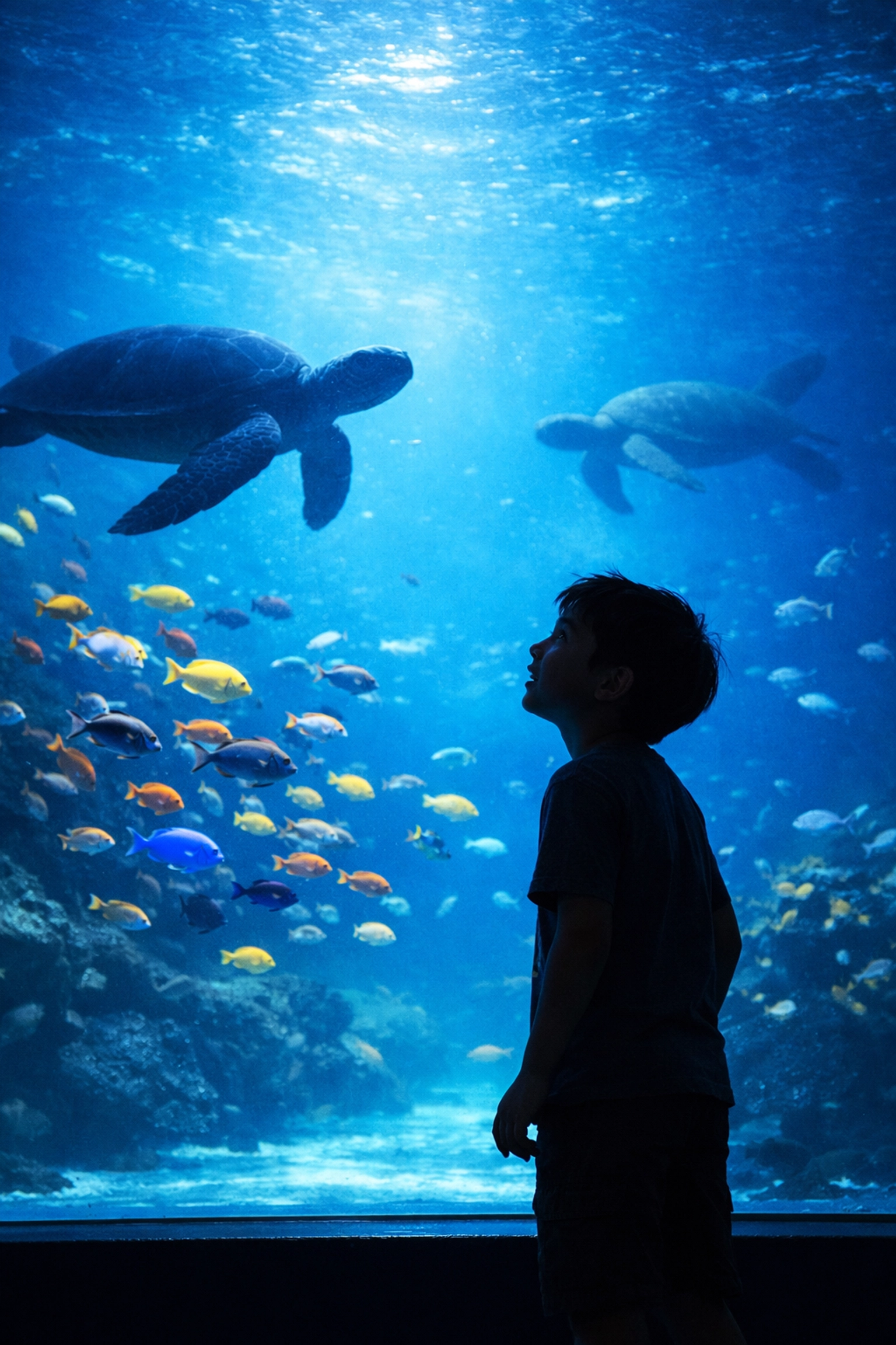 Young boy watching sea turtles at an aquarium, a top activity for fun family travel.