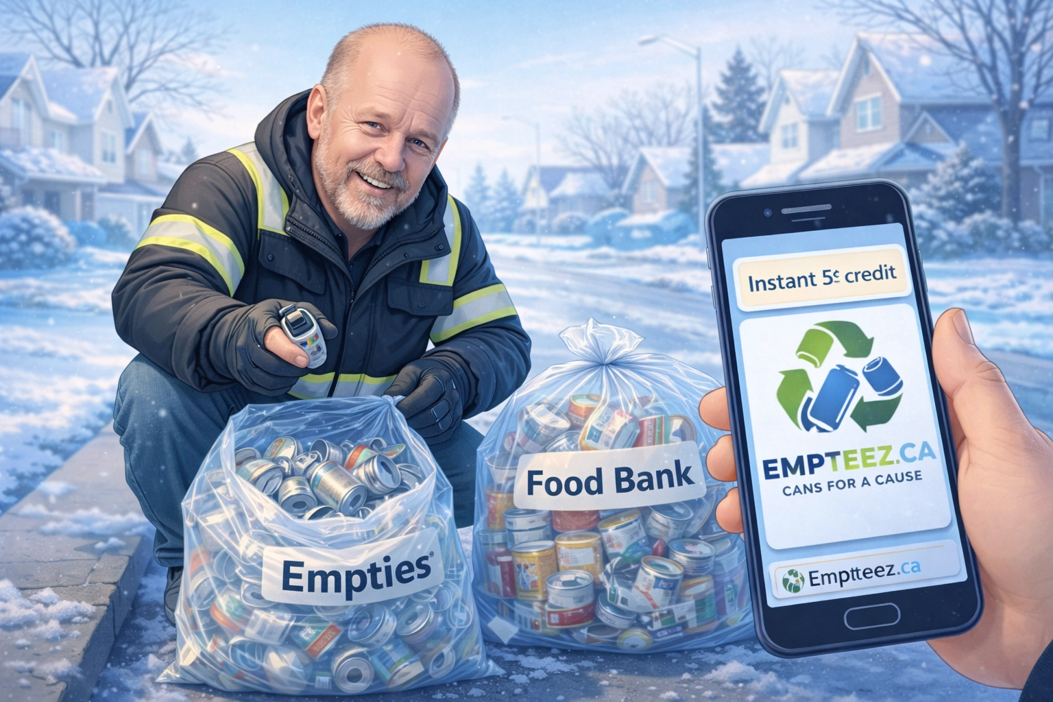 Tim “Can Man” Kemsley doing curbside pickup on blue bin day: counting bagged cans on the spot and showing instant 5¢ credit with Empteez.ca branding