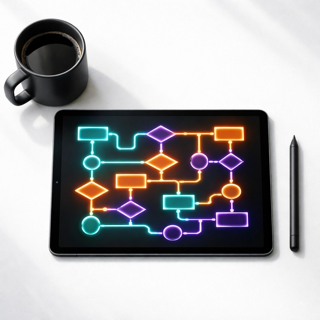 Modern workspace with a digital tablet showing complex email marketing automation flowcharts.
