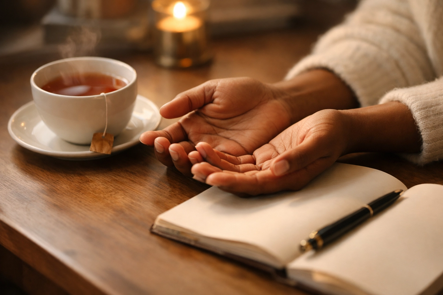 Hands resting in an open, gentle gesture on a desk—self-compassion and rest during creative block
