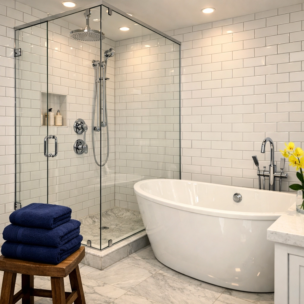 Sparkling clean luxury bathroom with white subway tile, part of a thorough Boston move-out cleaning service.