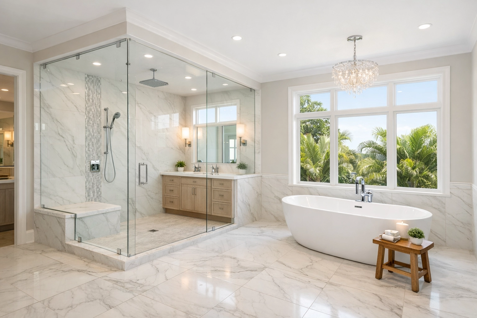 Luxury bathroom renovation in Orlando featuring a walk-in glass shower and modern soaking tub.