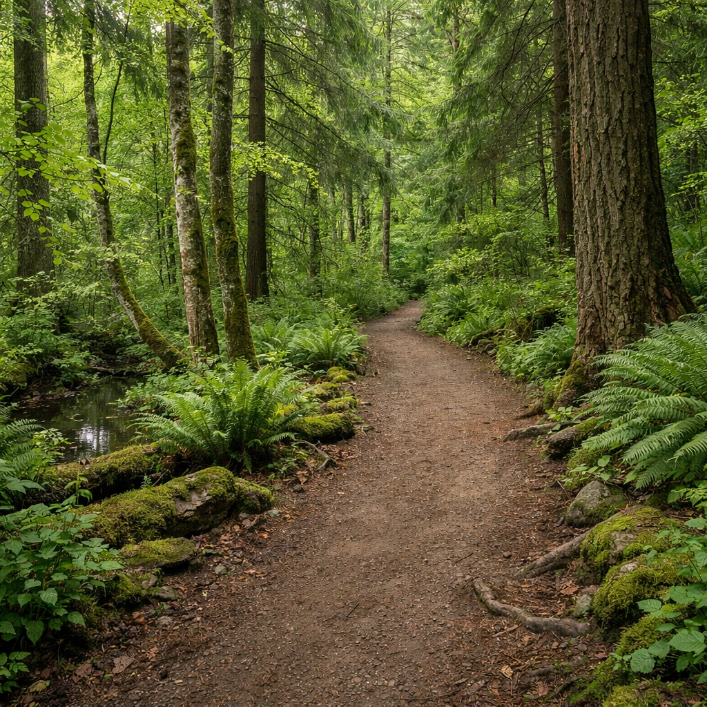Soft-surface trail through old-growth Douglas fir and wetland forest at Tualatin Hills Nature Park, Beaverton Oregon