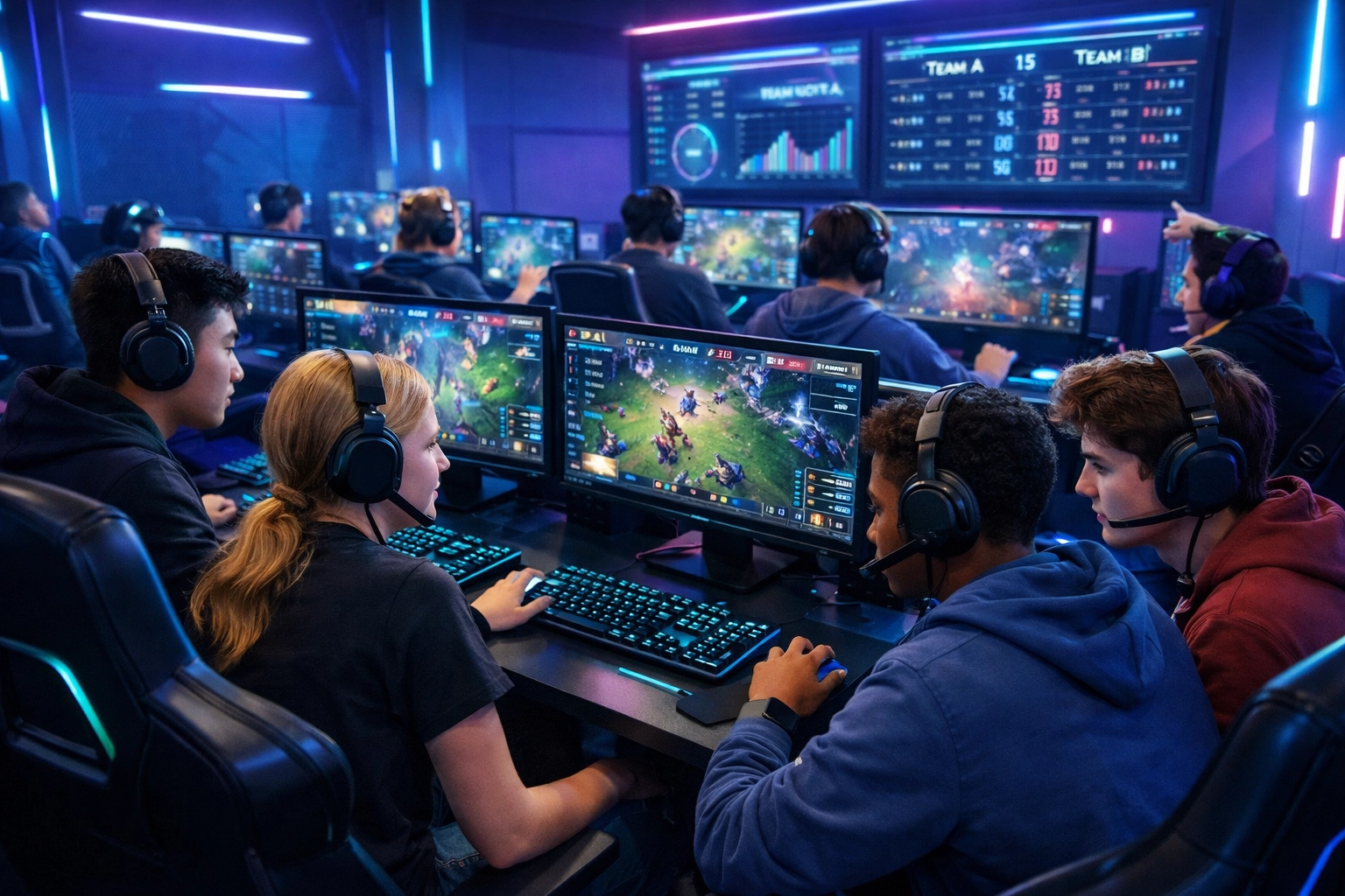 High school students collaborating on esports gaming stations in modern computer lab with data dashboards