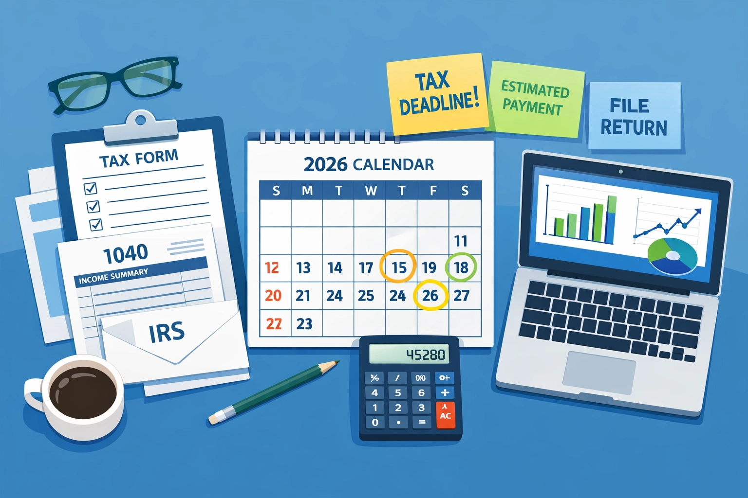 Organized tax planning desk with 2026 calendar and financial documents for small business preparation