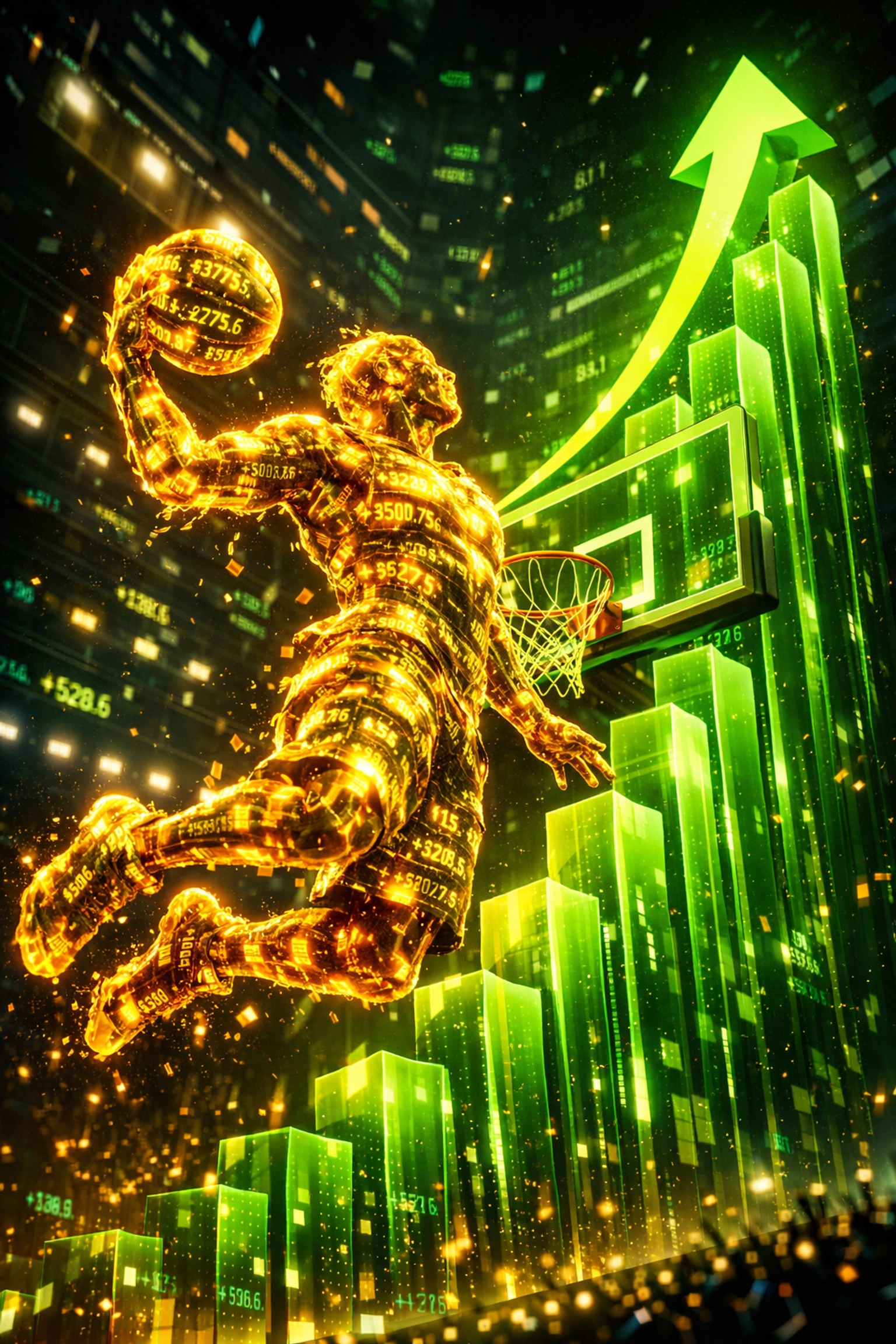 Basketball player dunking into a rising green bar chart, illustrating bullish NBA betting trends for favorites.