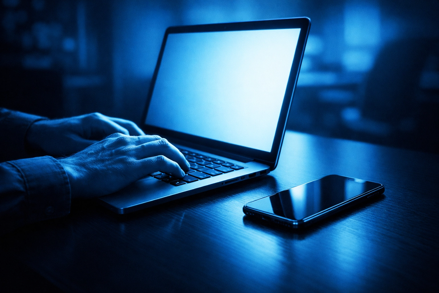 Professional desk setup with a laptop and smartphone showing integrated business communications in Google Workspace.
