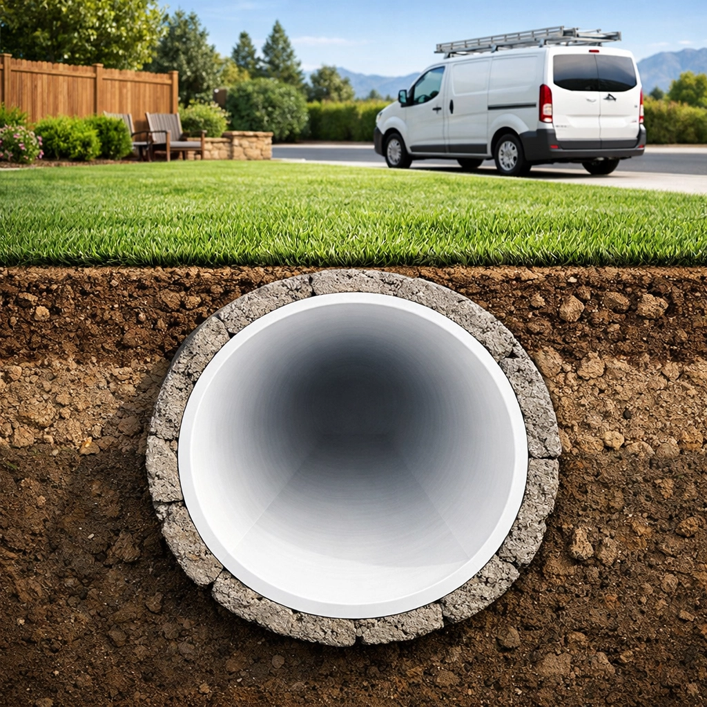 Completed UV liner installation providing a smooth, durable new interior for an old concrete sewer pipe.