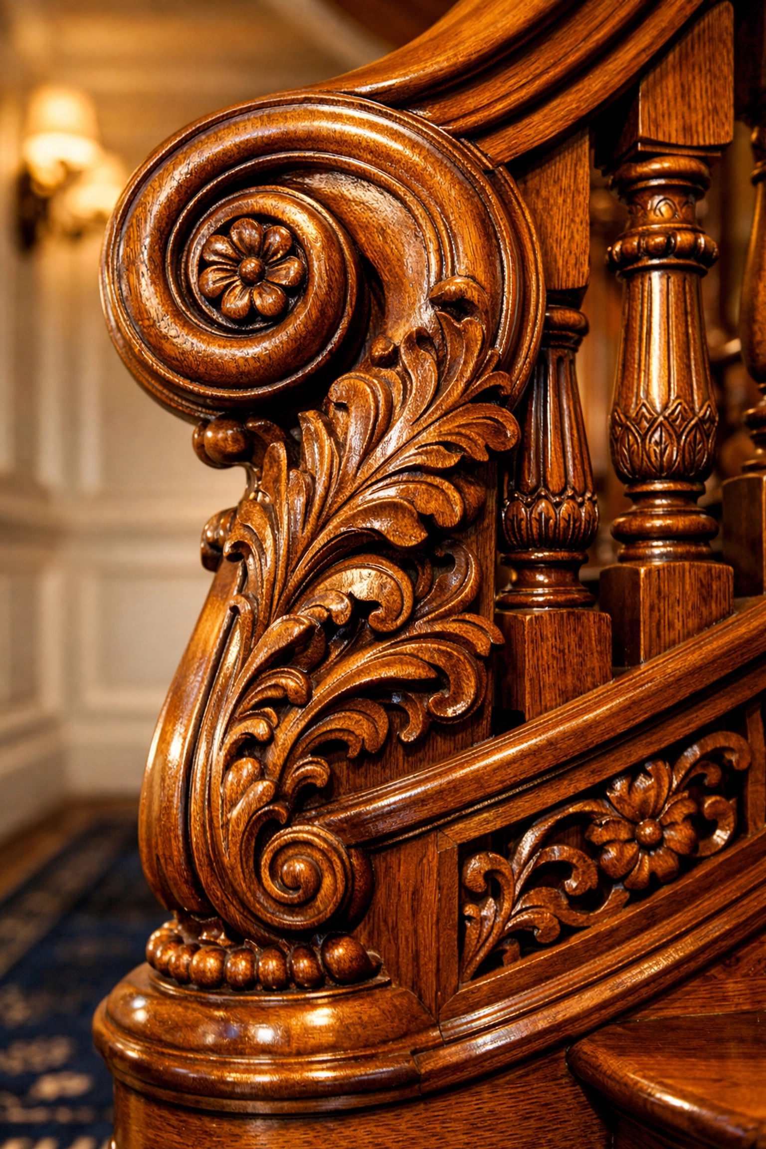 A deeply cleaned historic wood staircase showcasing luxury house cleaning in Marblehead estates.