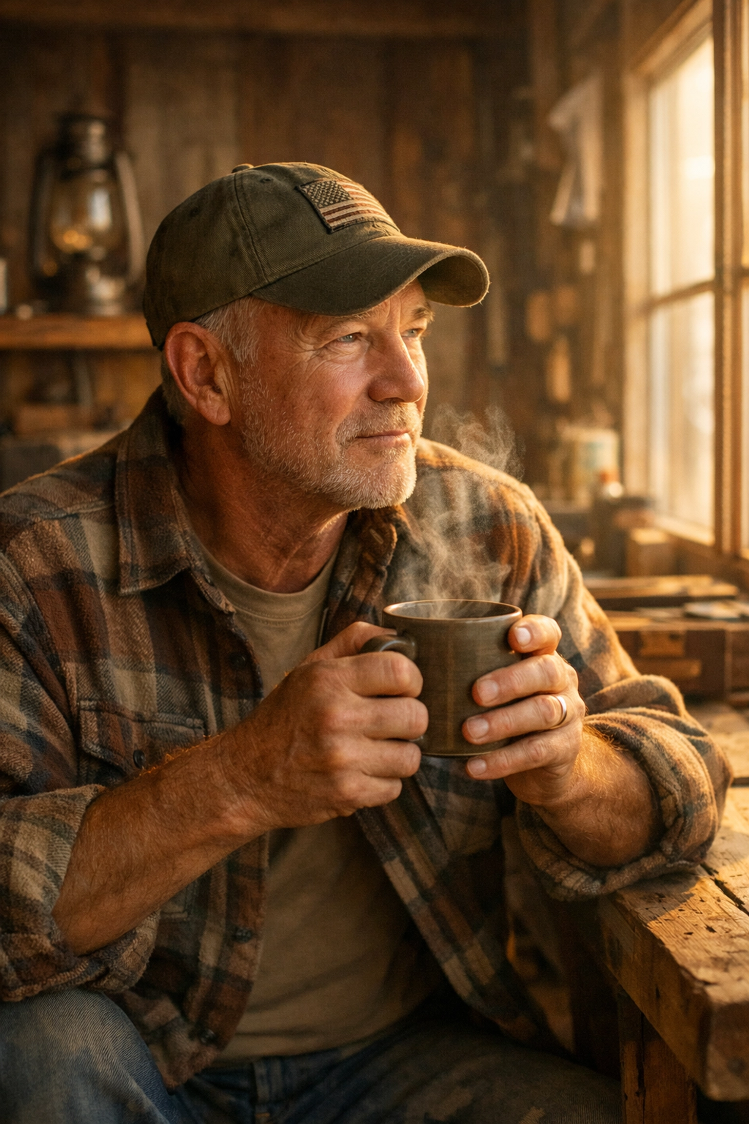 Veteran holding a steaming mug of Peacemaker Coffee in a rustic workshop representing mission-driven fuel.