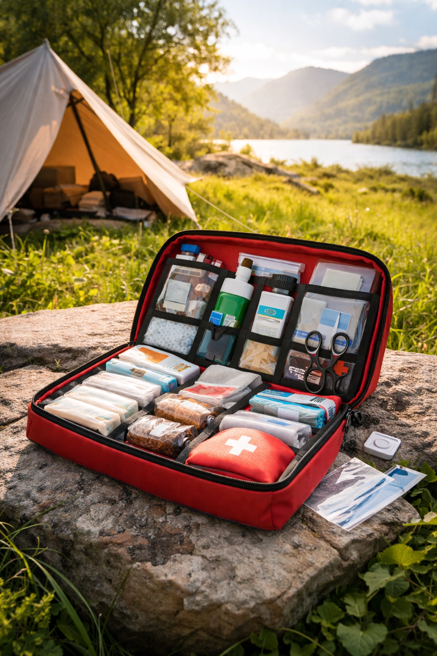 Open wilderness first aid kit on a rock by a tent in the Lake District, highlighting first aid safety for outdoor survival