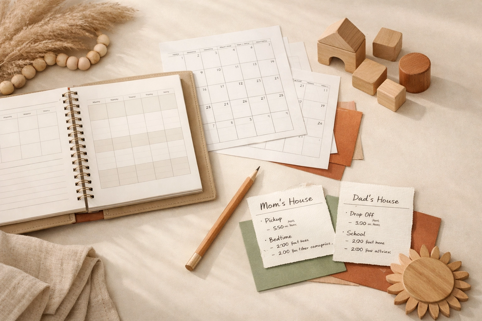 Wooden blocks, a planner, and calendar pages arranged on a cream desk with sage and terracotta accents.