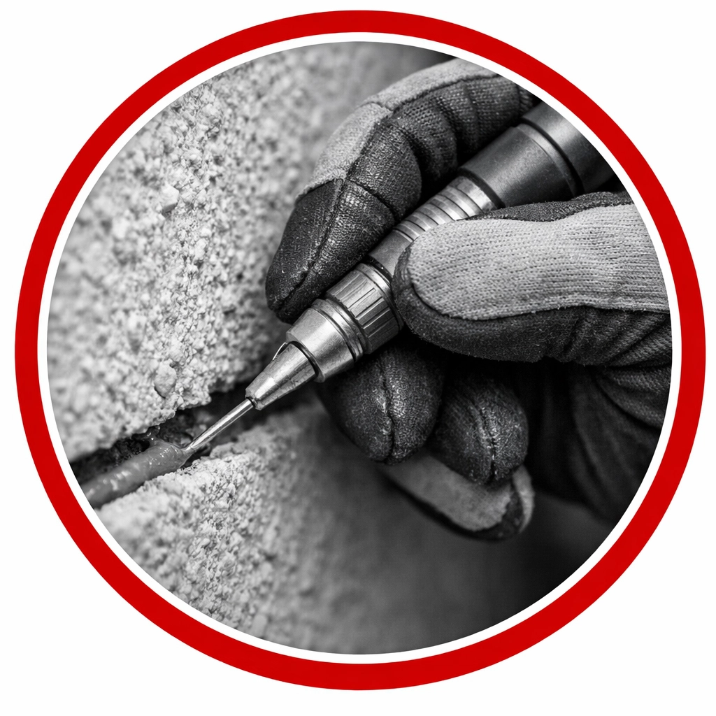 Pest control technician sealing a gap in a stucco wall for professional home exclusion in Coolidge, Arizona.