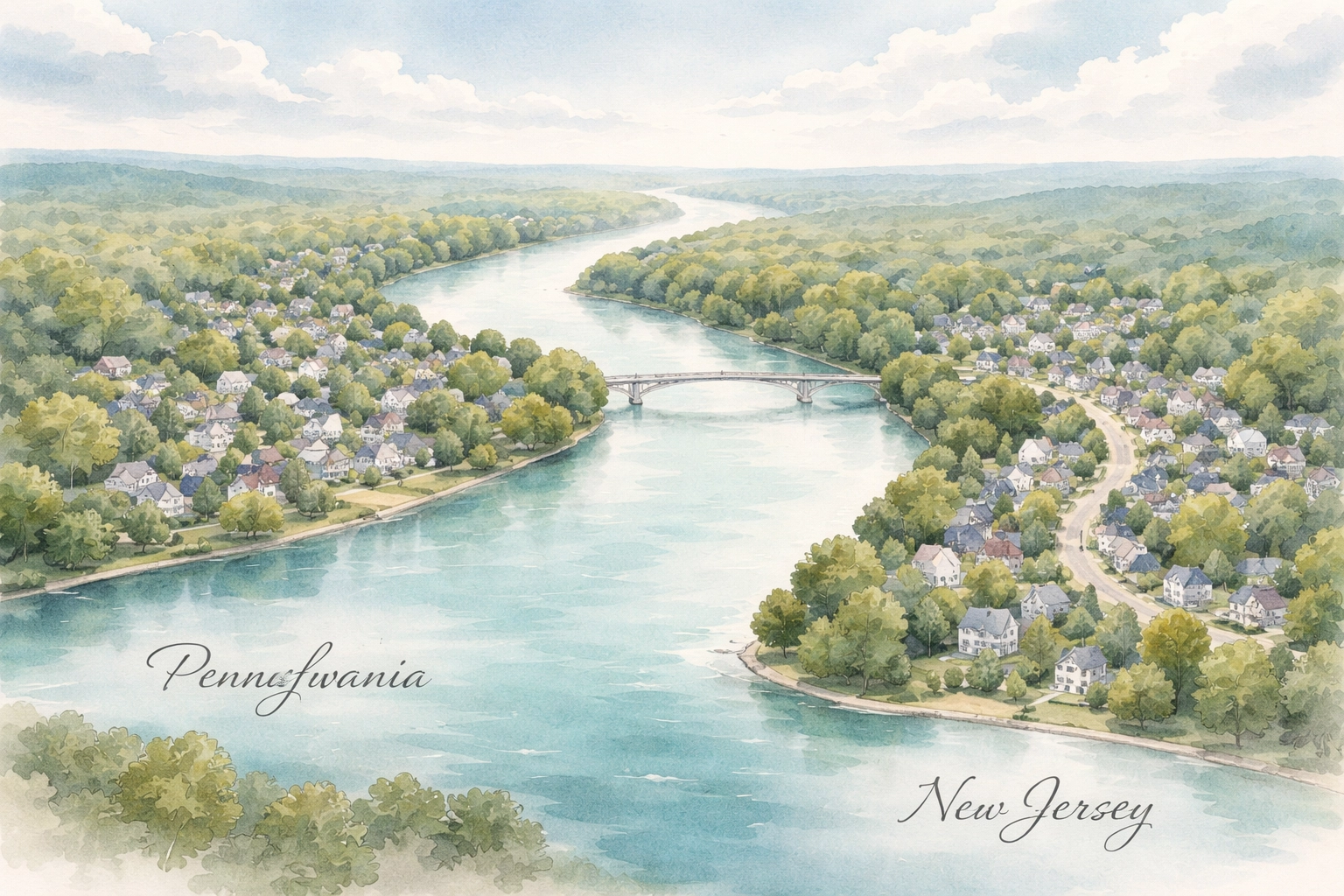 Aerial illustration of Delaware River dividing Pennsylvania and New Jersey for title insurance comparison