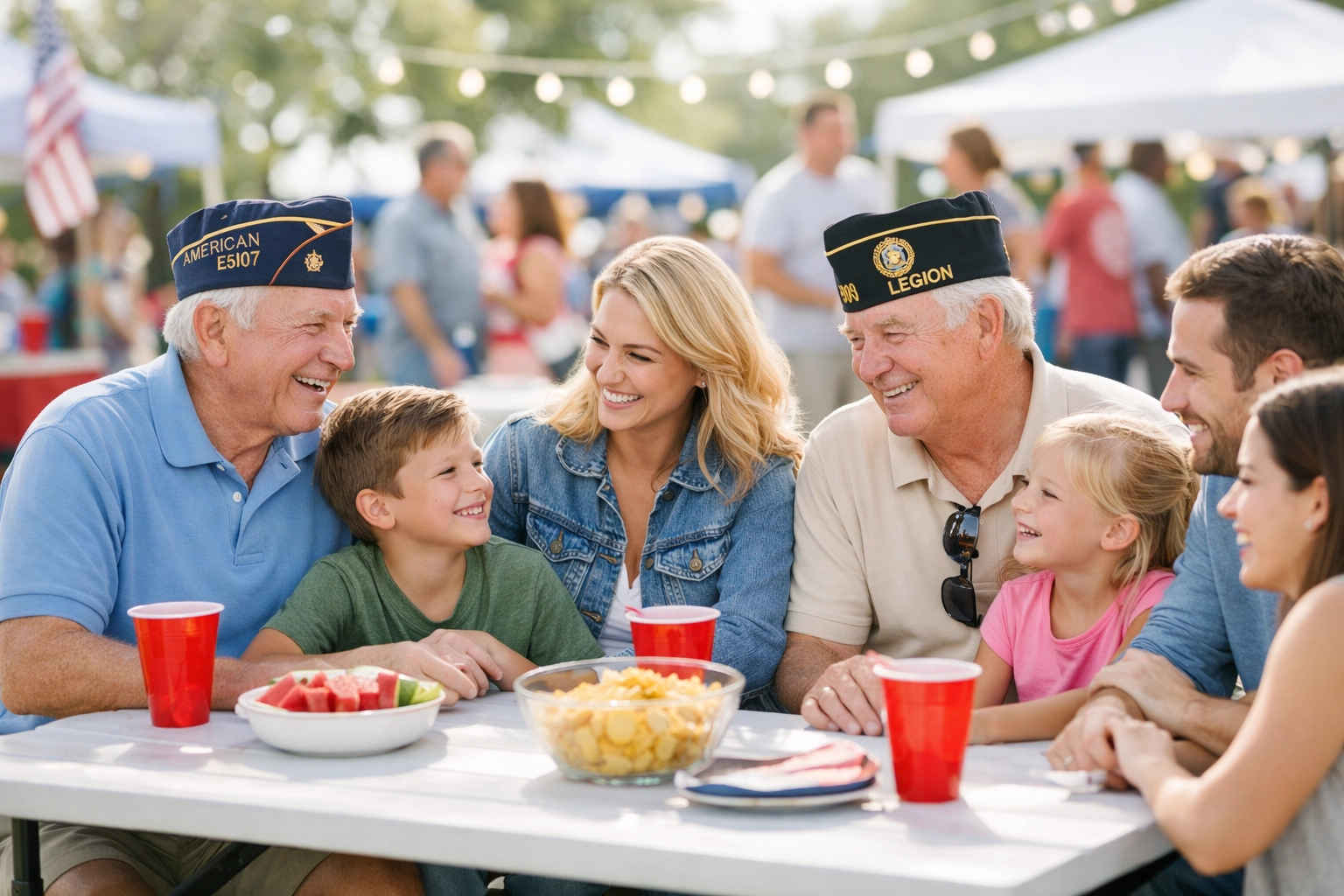 Multi-generational veteran families gathering at American Legion Post community event