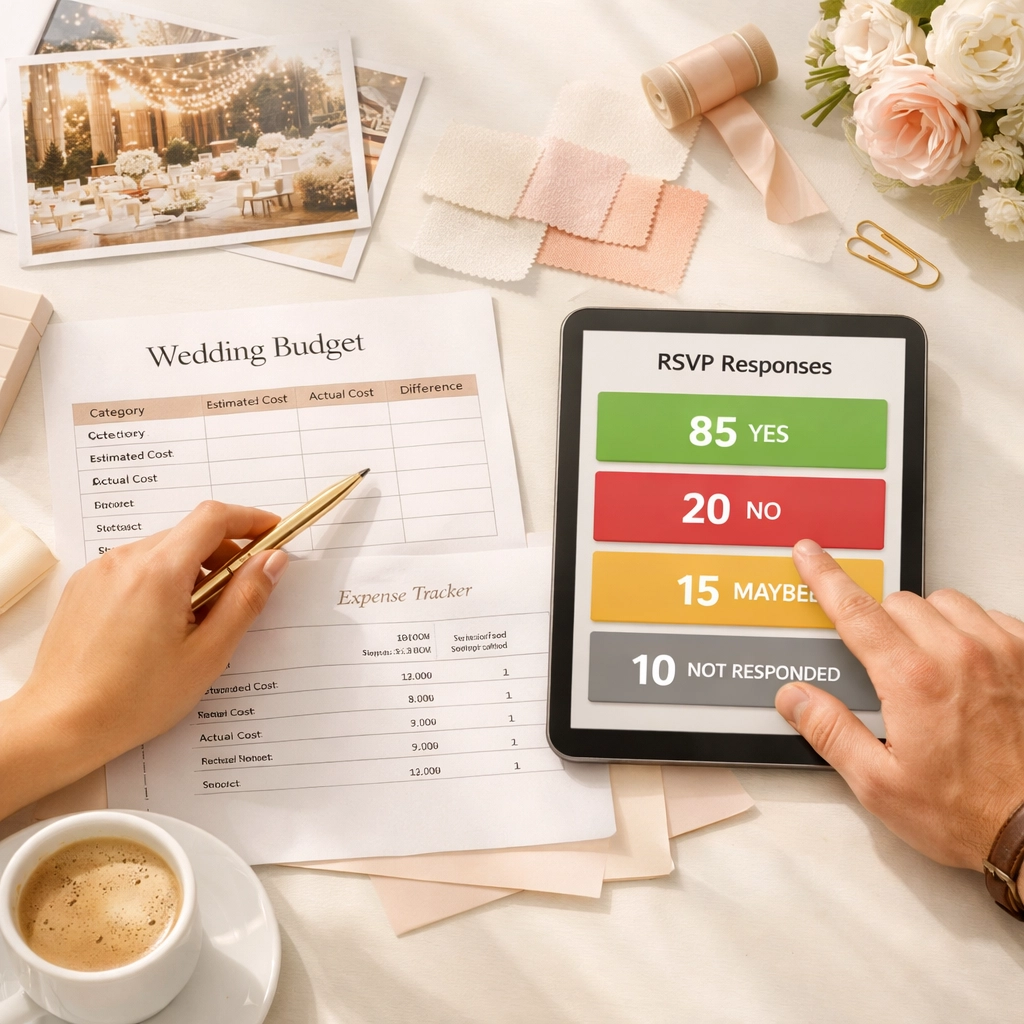 Engaged couple planning wedding budget with digital RSVP tablet and wedding materials