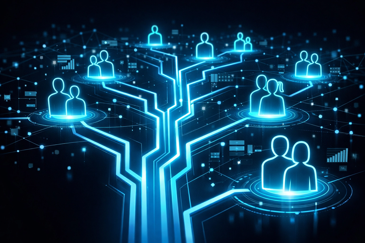 Marketing automation branching paths showing customer segmentation and personalized journeys