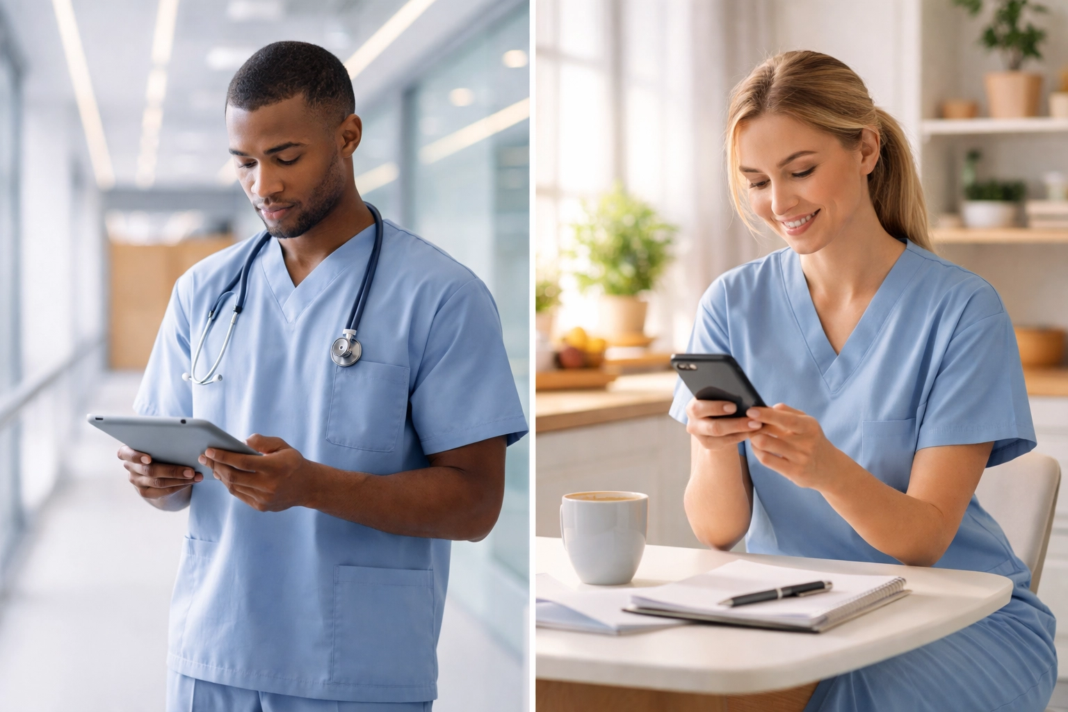 Split-screen of male nurse in hospital and female nurse at home, highlighting differences in travel nursing and PRN job flexibility.
