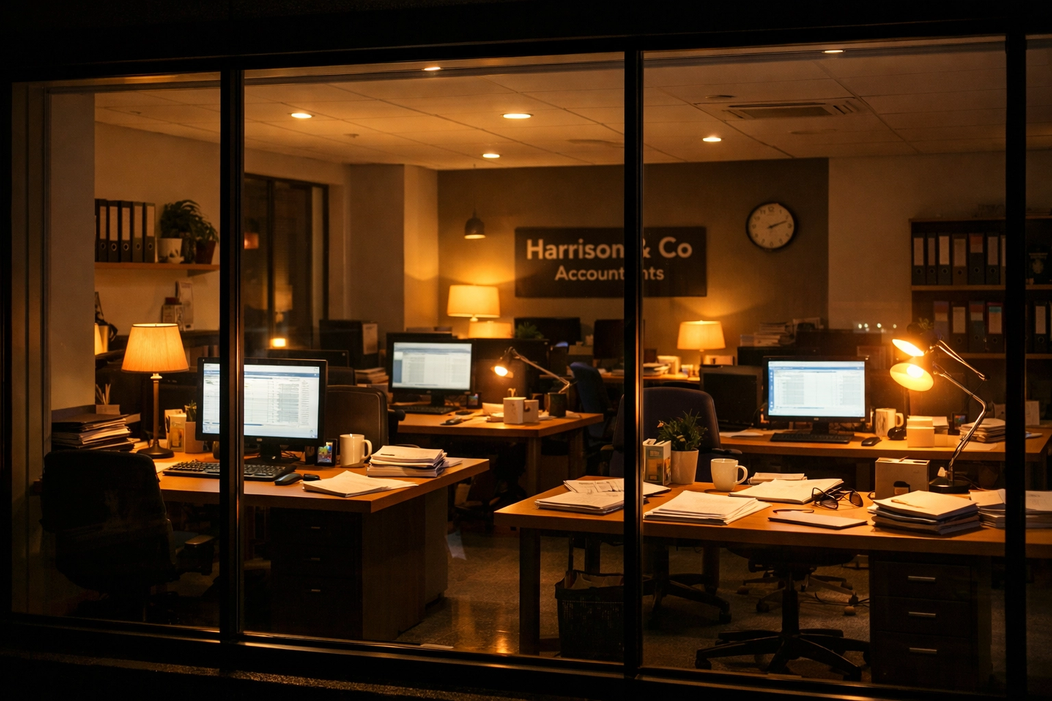 UK accounting office working late during busy tax season with overtime and desk lamps illuminating workstations