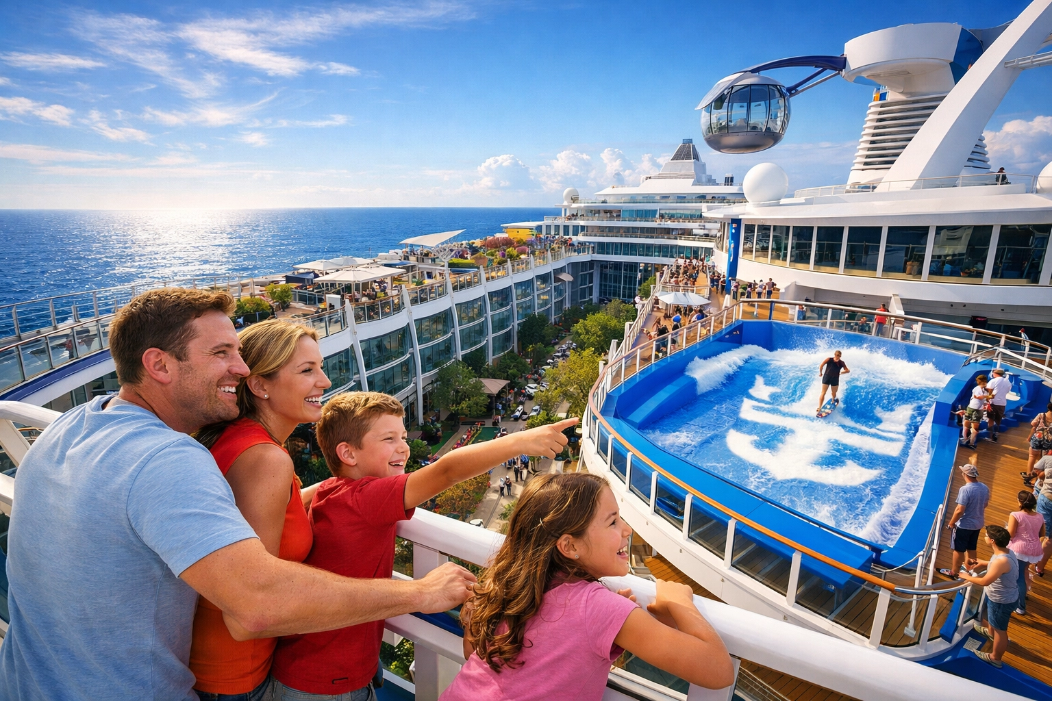 A family explores the innovative top-deck attractions on a modern Royal Caribbean cruise ship.