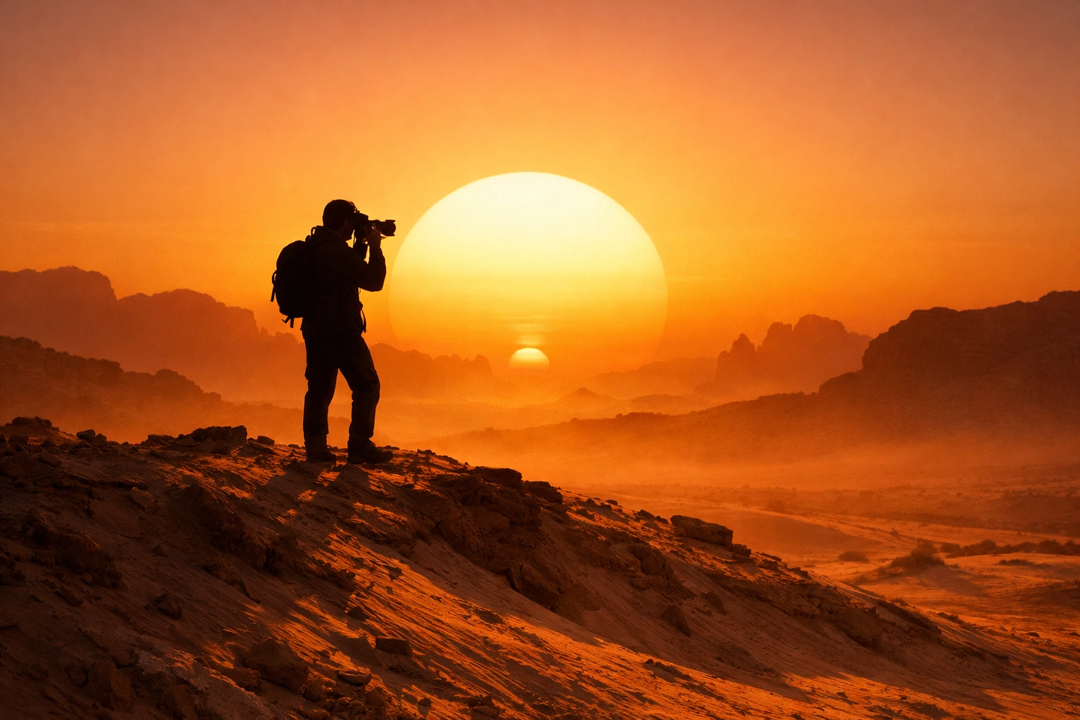 Photographer shooting a desert landscape during golden hour lighting for outdoor photography tutorials.
