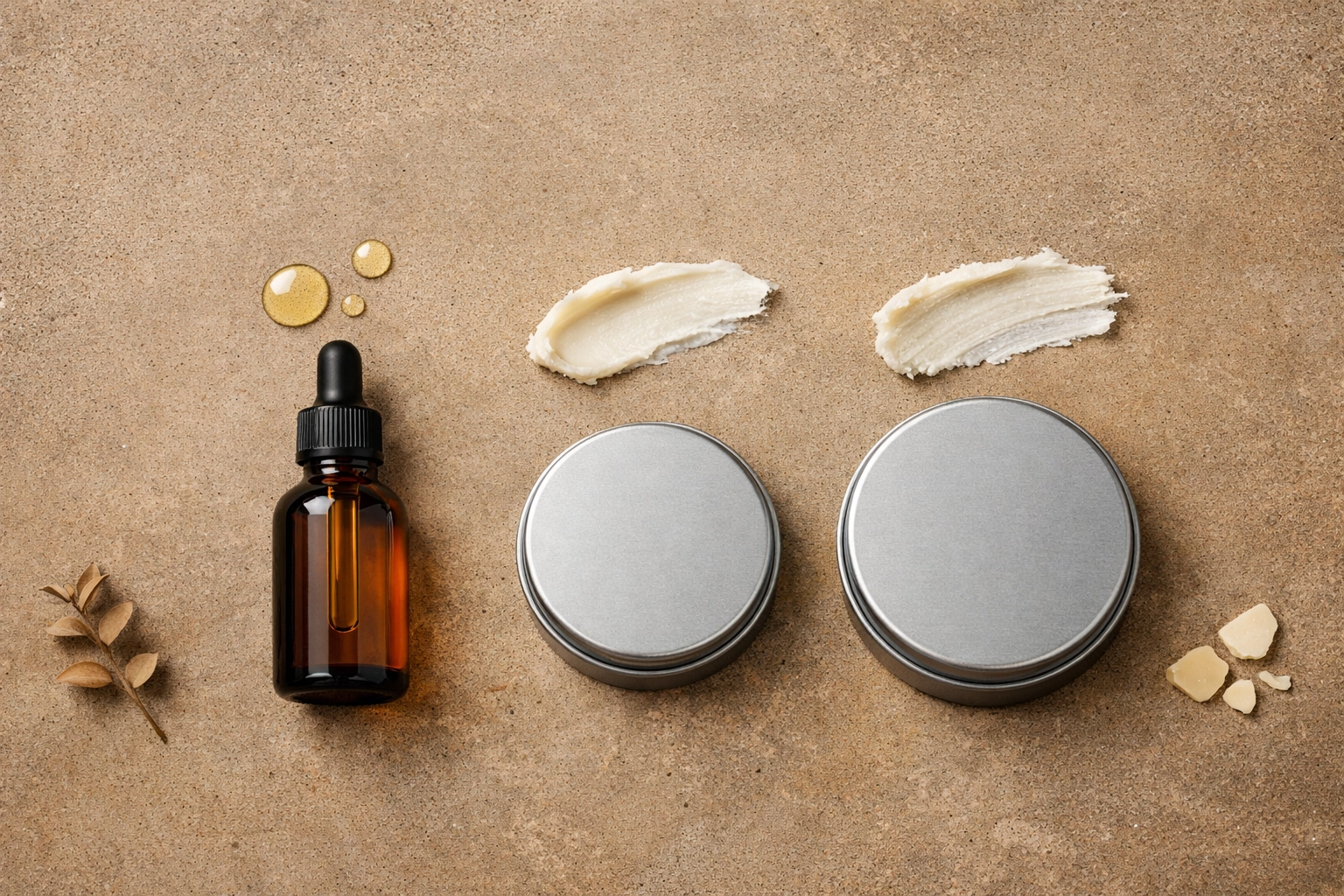 A lineup of beard oil, beard balm, and premium beard wax showing different textures and holds.
