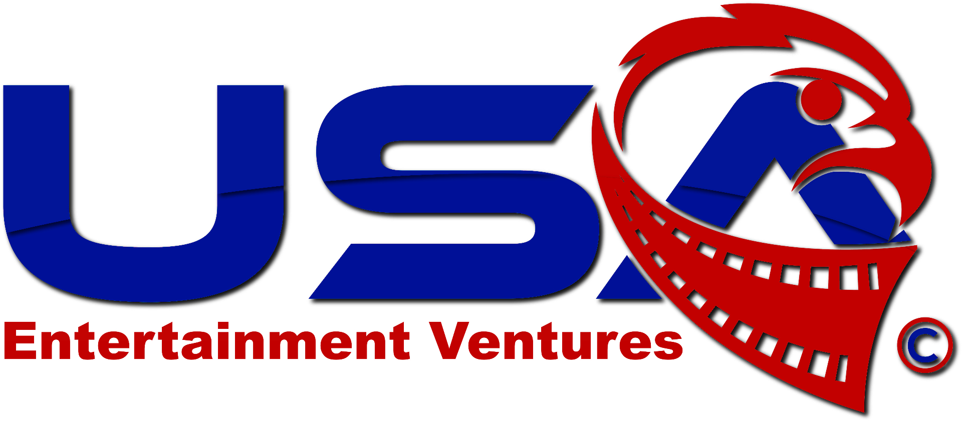 USA Entertainment Ventures LLC logo Logo featuring bold blue letters “USA,” with a stylized red eagle and film reel integrated into the design.