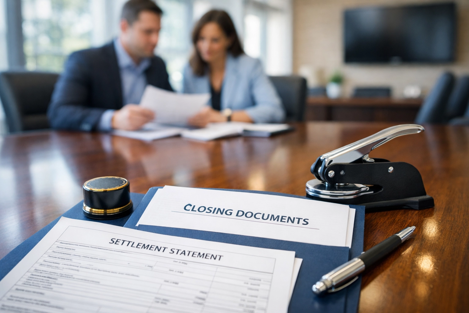 Title company professionals reviewing closing documents and notary seal in Florida