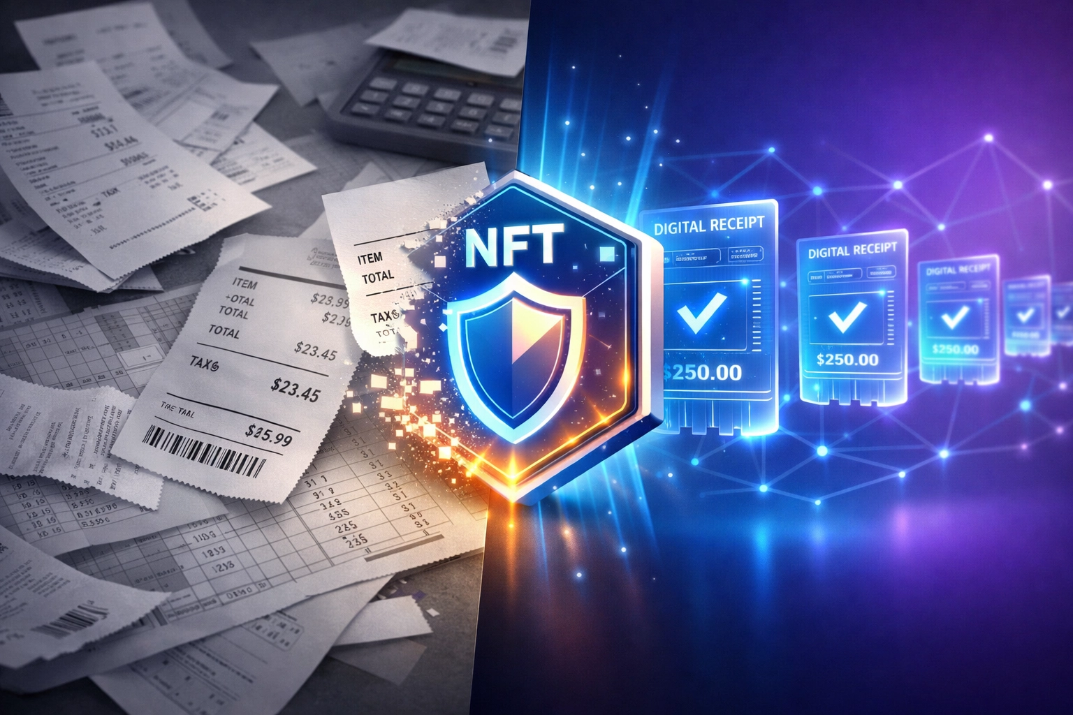 Traditional receipts transforming into NFT receipts for automated merchant compliance