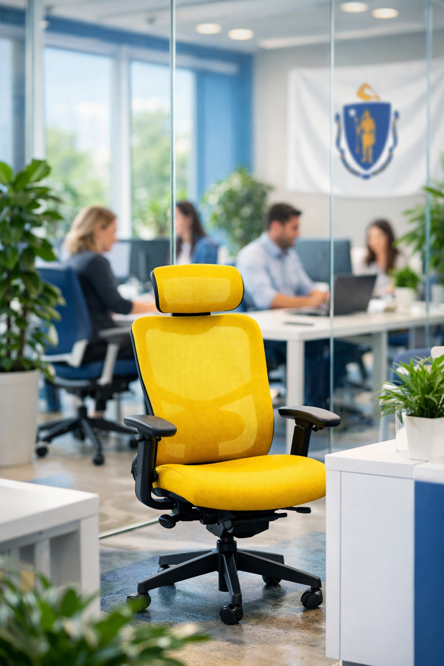 Modern Massachusetts office with spotless workstations and streak-free glass partitions.