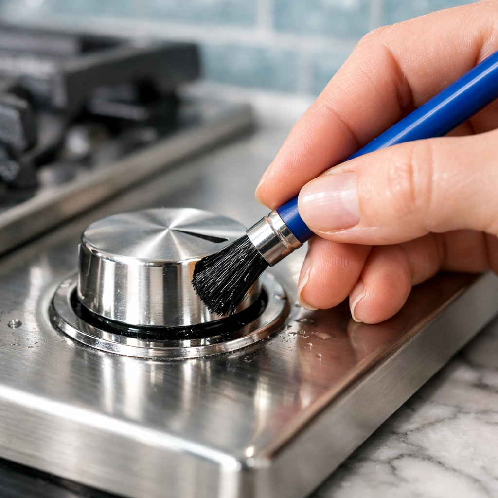 A detail brush scrubbing grease and grime from a kitchen stove knob for a deep house cleaning.