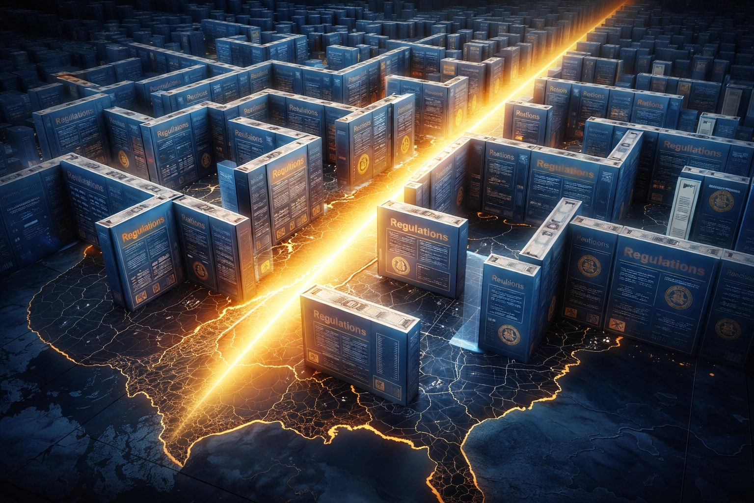 Illustration of US compliance maze highlighting Larecoin's MSB and state MTL crypto payment strategy