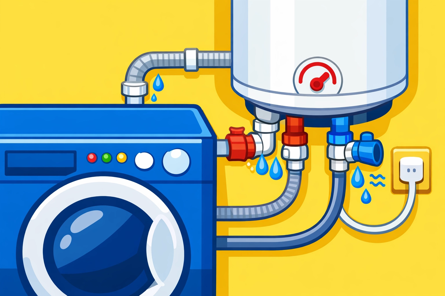 Washing machine and water heater showing leak points that homeowners should check regularly