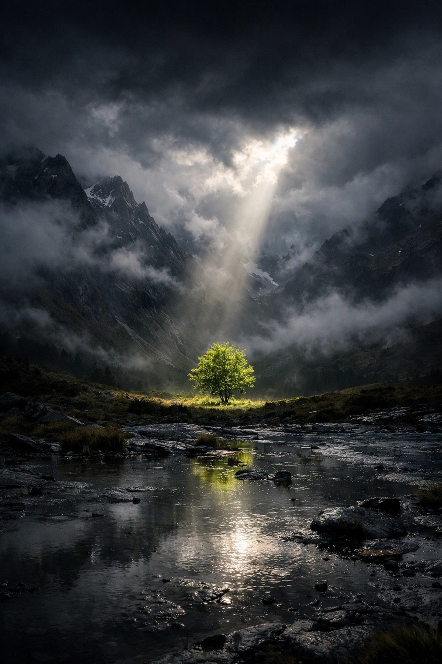 Moody nature imagery of a lone tree illuminated by light in a foggy mountain landscape.