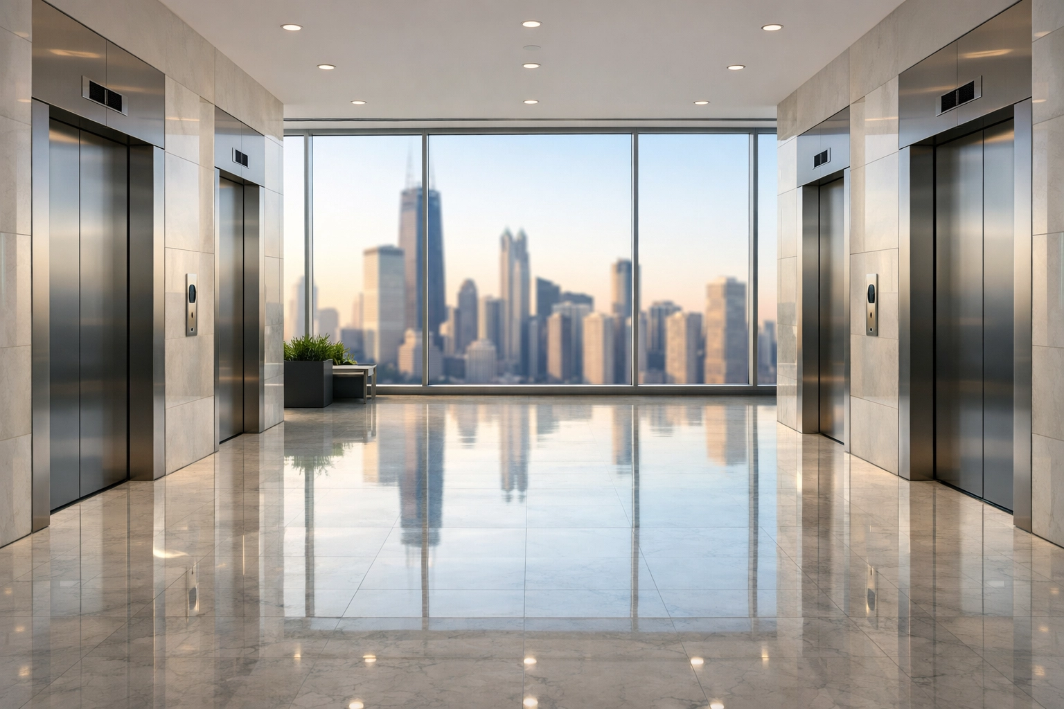 Pristine luxury high-rise lobby in downtown Chicago representing professional move-out cleaning standards.
