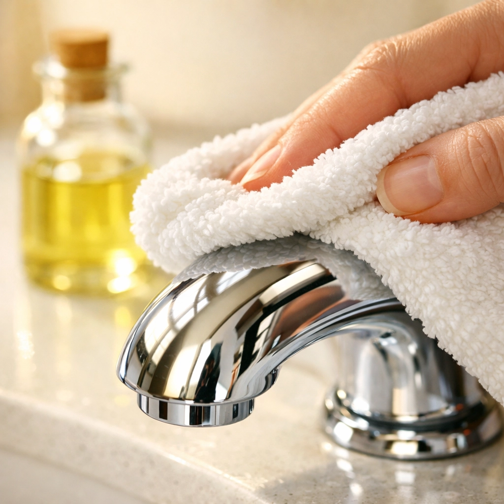 Using a microfiber cloth and natural oil to remove sticky adhesive residue from a chrome fixture.