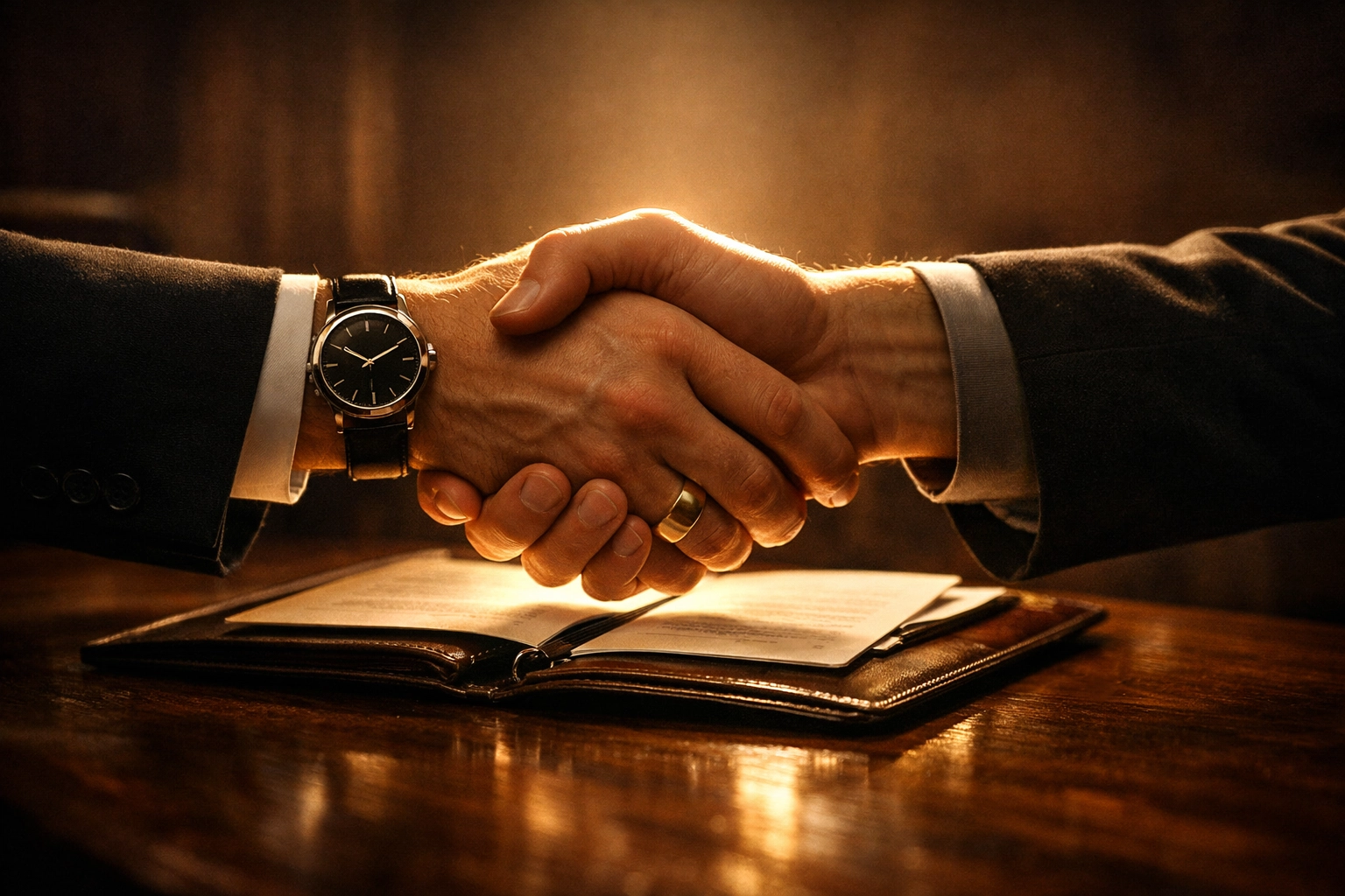 Family office manager selection handshake representing trusted partnership