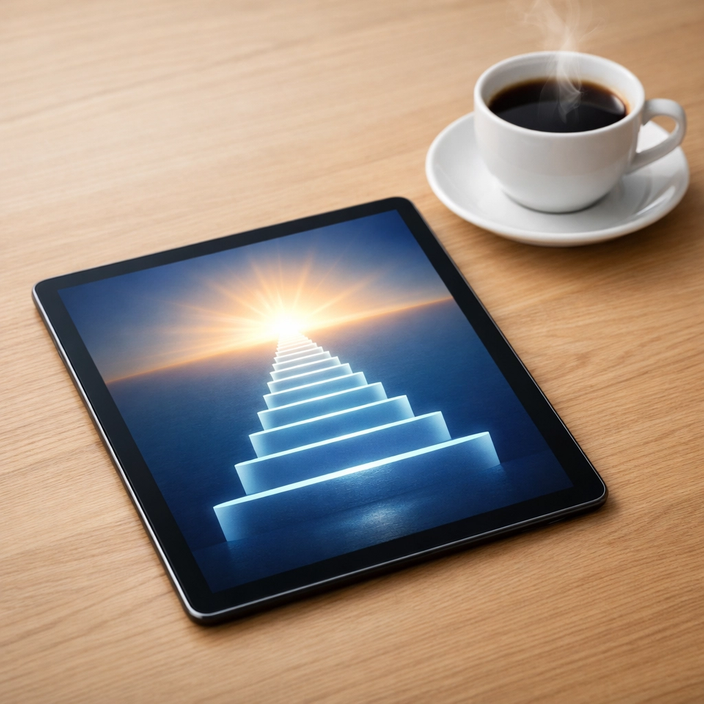 A tablet displaying a step-by-step roadmap for successful AI customer service implementation.