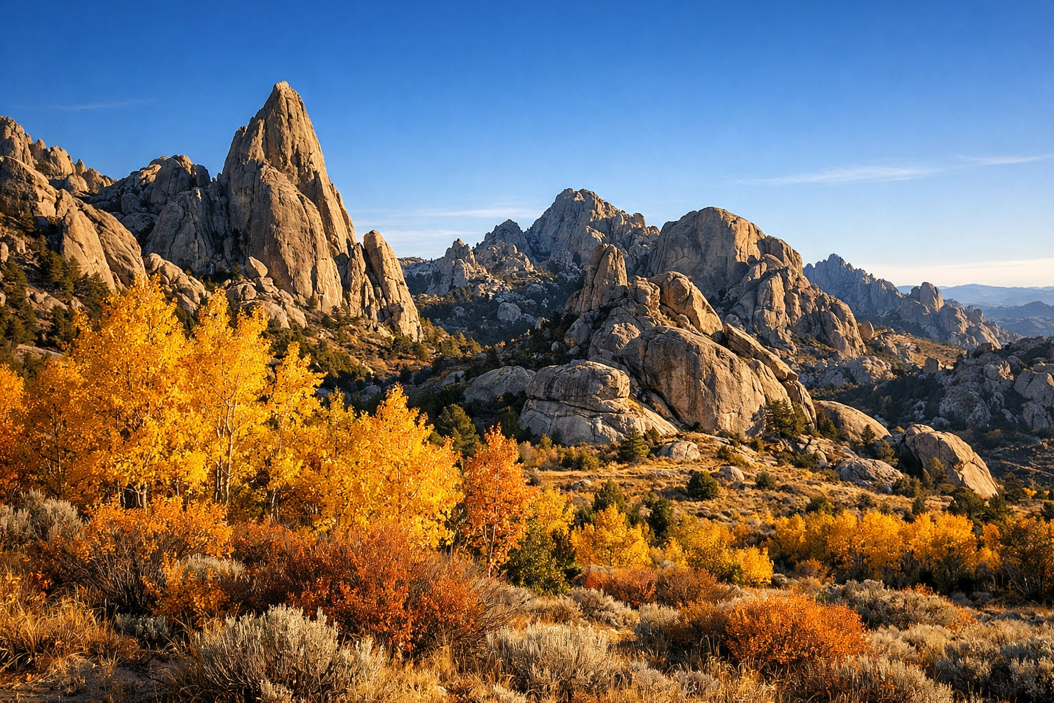 Granite spires and autumn trees at City of Rocks National Reserve, a hidden Idaho photography location.