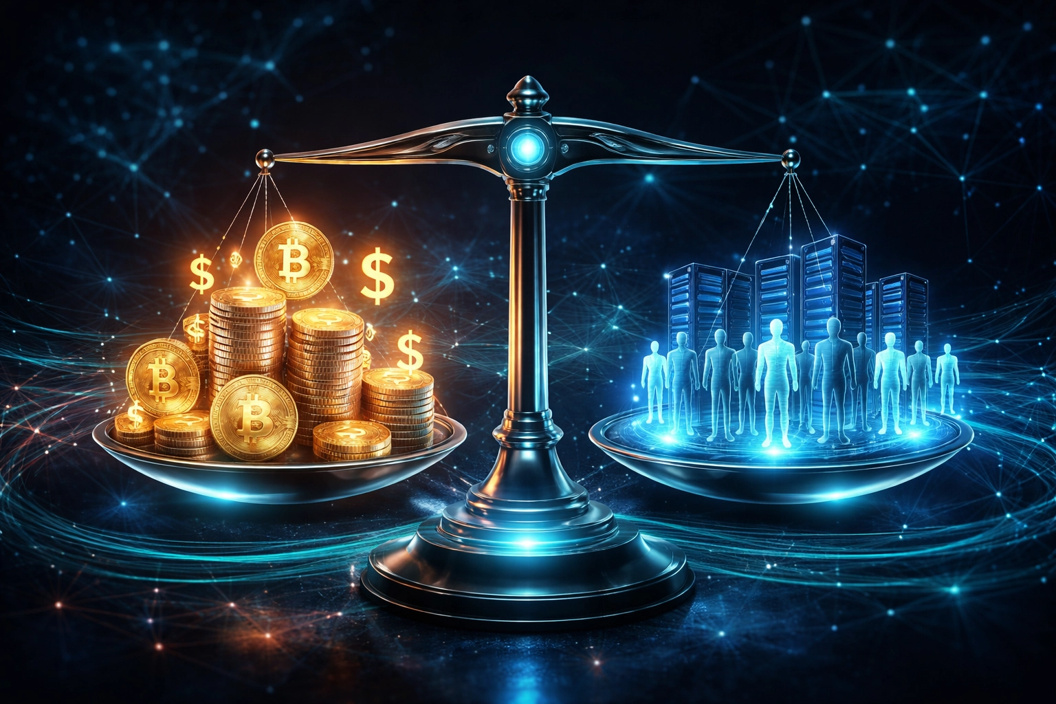 Digital scale balancing cybersecurity costs and resources, symbolizing in-house vs. managed service investment