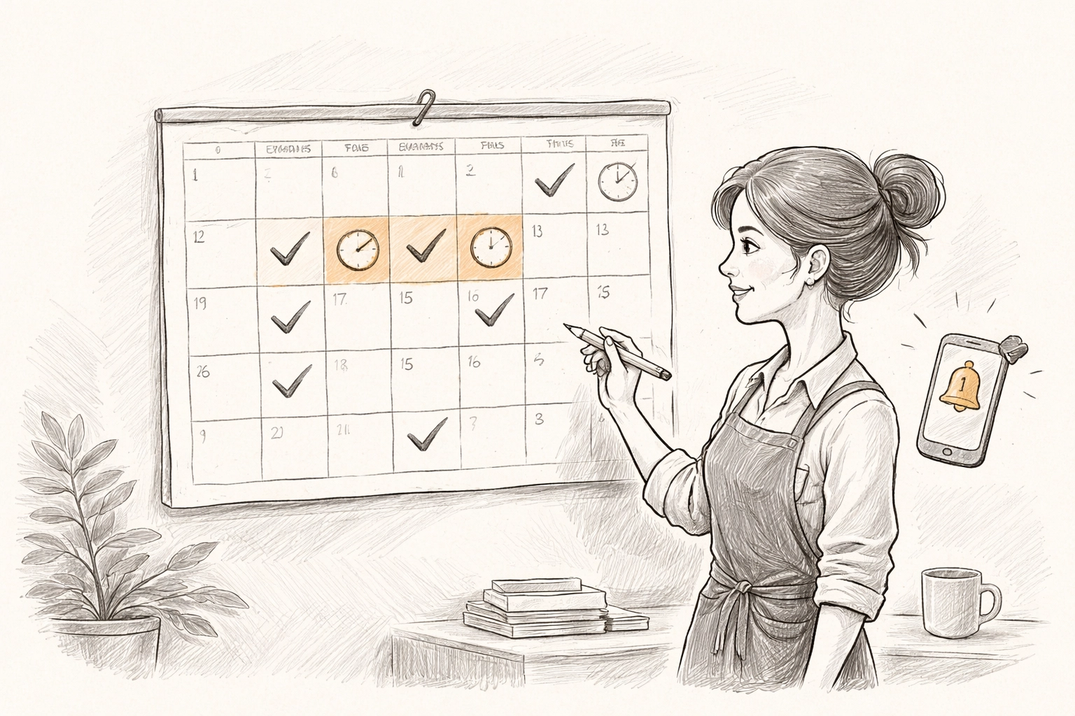 Small business owner checks calendar and smartphone notification to find best time to request customer reviews.