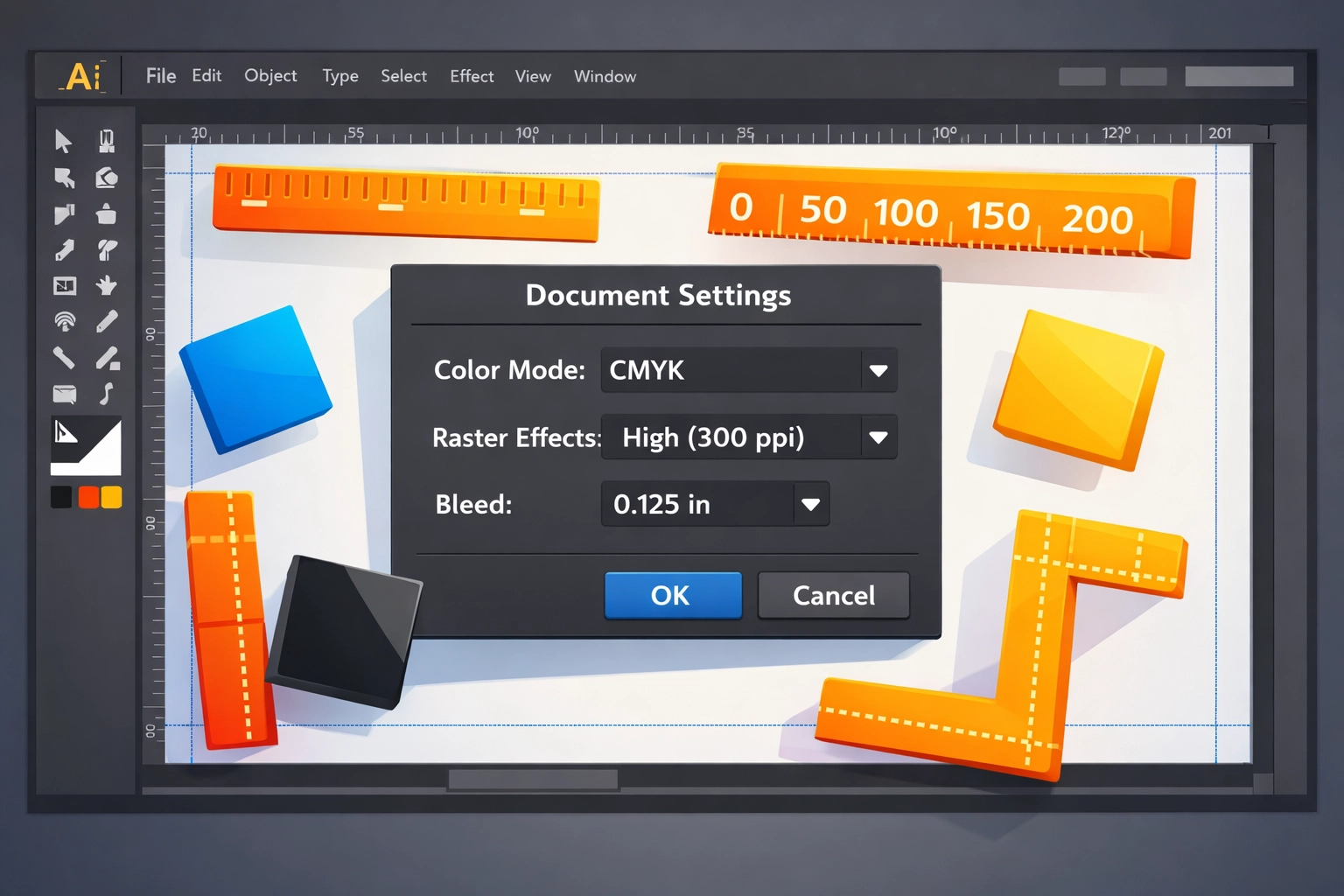 Adobe Illustrator document settings showing CMYK color mode and bleed guides for print preparation