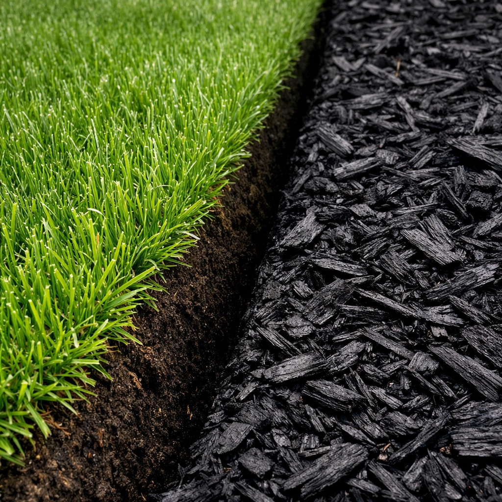 Sharp hand-spaded edge separating a lush green lawn from premium black shredded hardwood mulch.