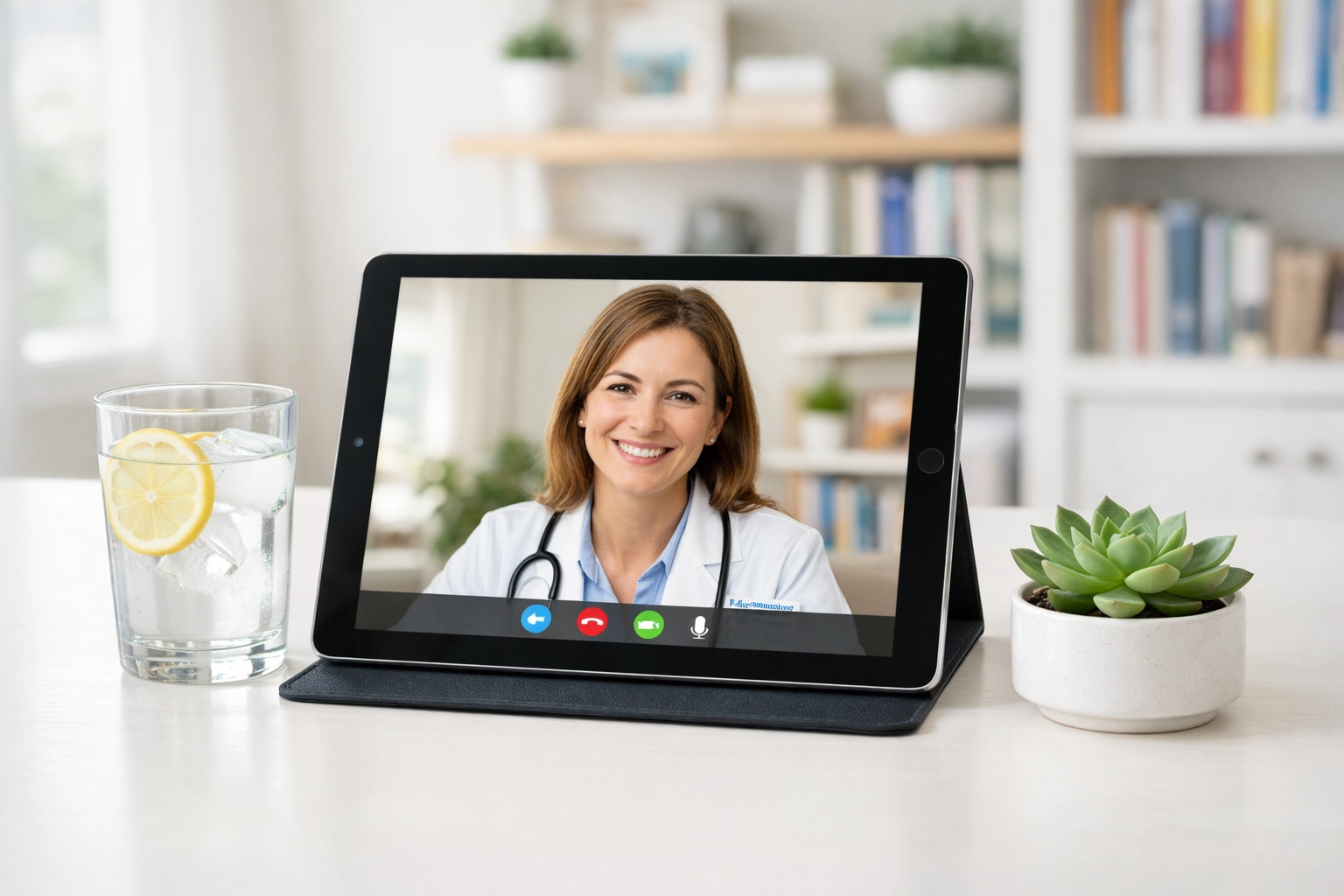 A tablet showing a telehealth wellness coach for personalized menopause weight loss support.