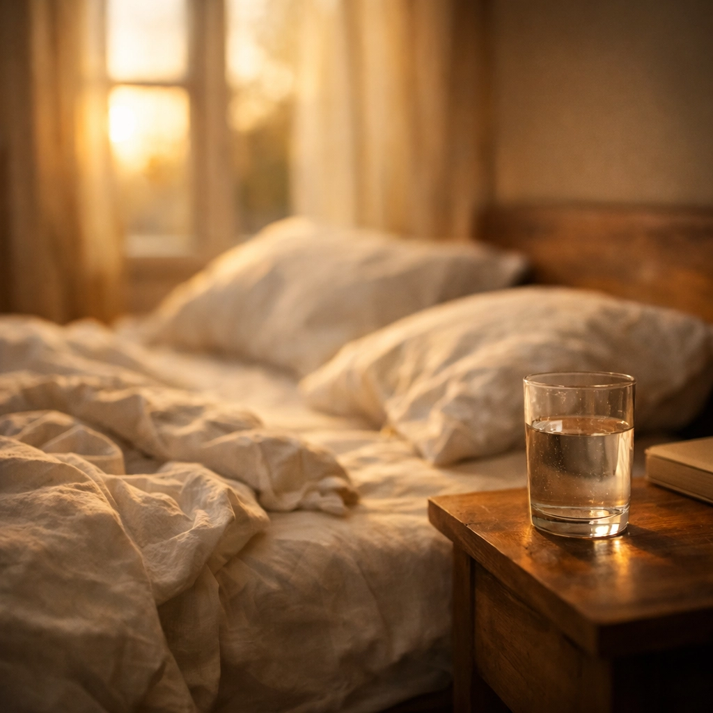 Reggeli hálószoba nyugodt fényben – a minőségi alvás kulcsfontosságú a potencia helyreállításához